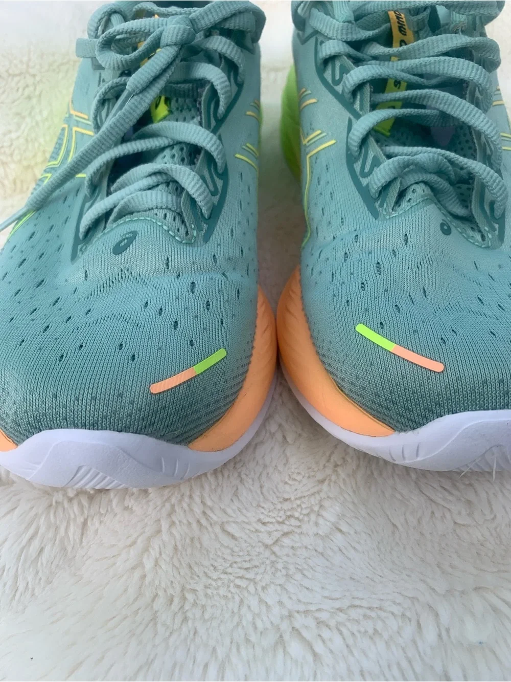 Asics Teal Athletic Shoes with Neon Green and Peach Accents